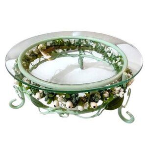 Decorative Glass Bowl and Painted Green Patina Metal Stand with Floral Trim